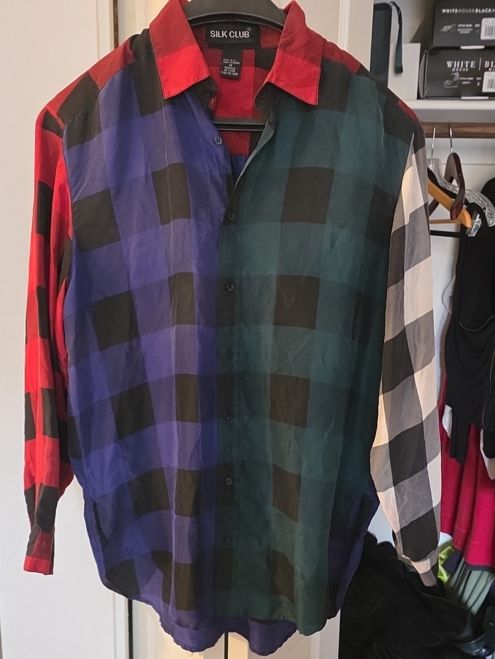 Men's Multicolor Patchwork Plaid Button-Down Shirt - Red, Blue, Green, White